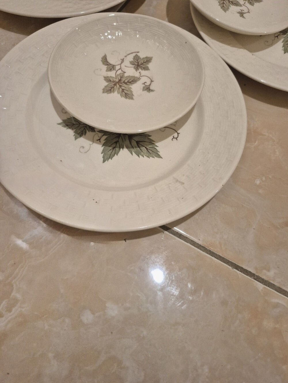 vintage autumn leaf ceramic Japanese dinnerware 2 plates 2 mini bowls Unuaed